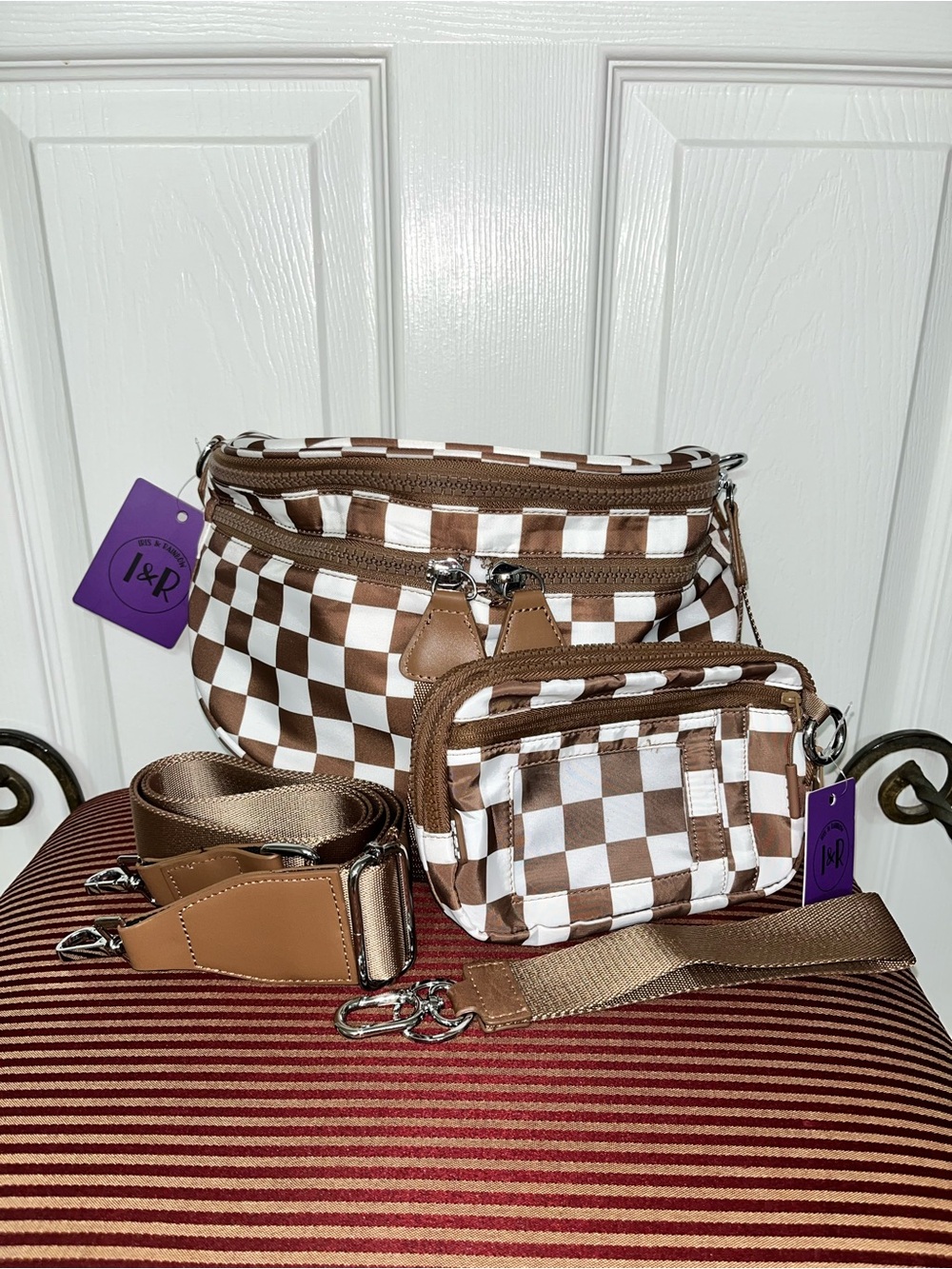 Iris & Rainbow Caramel and White Checkered Best Version Bag w/Matching Wallet